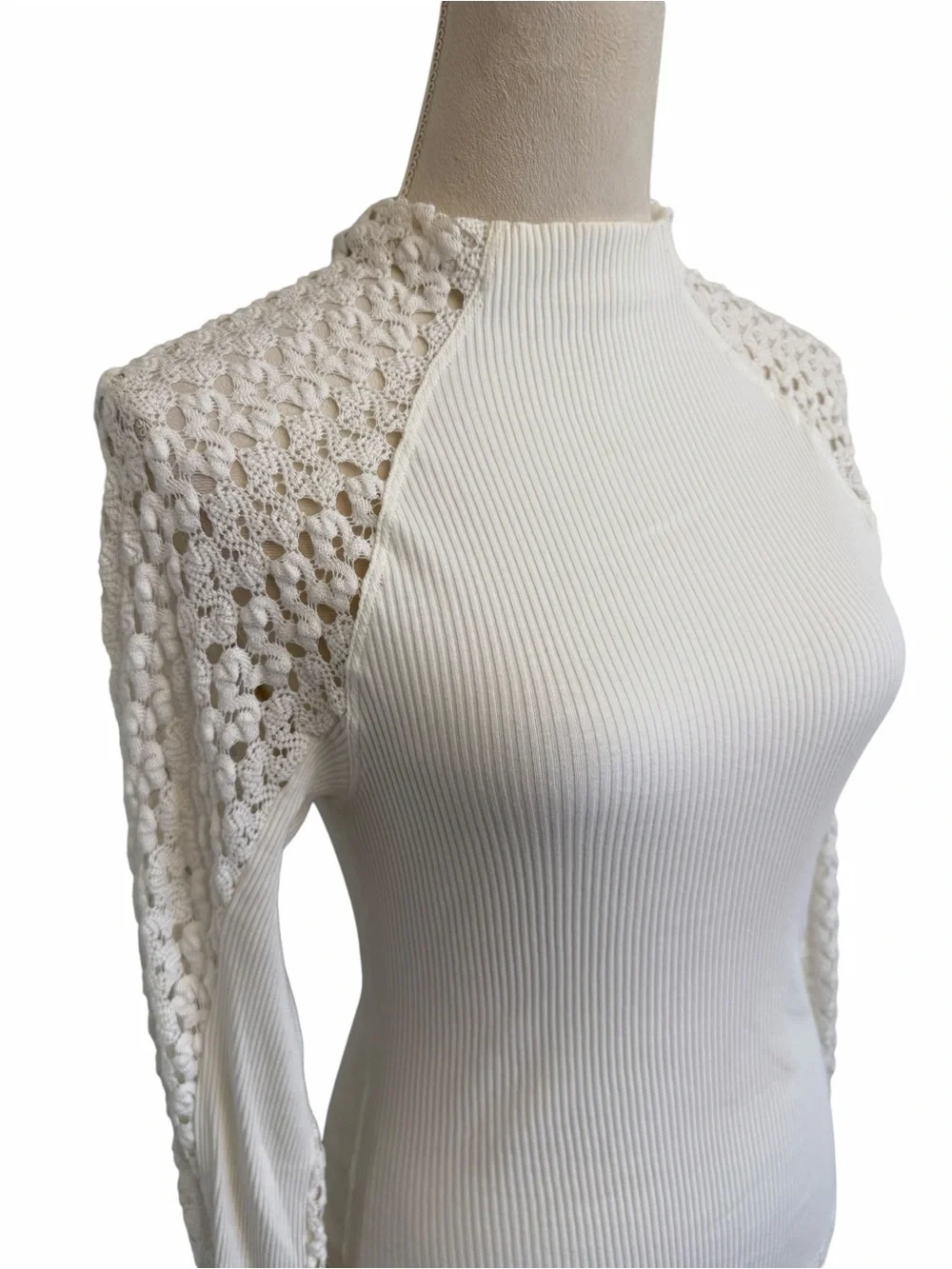 Free People Clemente Mixed Media White Mock Neck Crochet Lace Sleeves